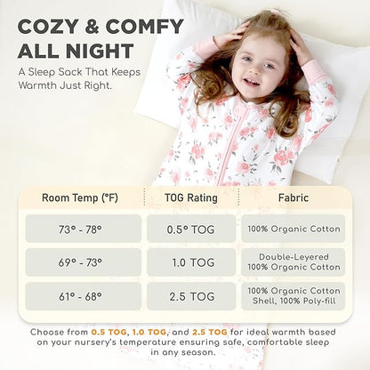 Mama Cheetah Baby Sleep Sack with Sleeves, 0.5 TOG Organic Cotton Wearable Blanket and Two-Way Zipper, Swaddle Transition Long Sleeve Sleeping Bag for Newborn Infant Toddler, 6-12 Months