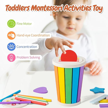 Montessori Toys for 1 2 3 Year Old, 3 in1 Wooden Learning Color Sorting Toys for Toddlers 12-36 Month Old, Wooden Educational Toy, Fine Motor Developmental Sensory Matching Games