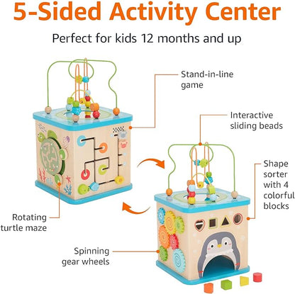 Amazon Basics Kids Wooden Educational Activity Learning Cube Toy, Gift for Toddlers Age 12M+, Developmental Shape Sorter, Multicolor, 13.4x22.5x13.4inches