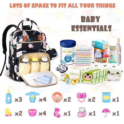 Baby Diaper Bag Backpack, Travel Diaper Bags for Girl Boy Large Capacity Baby Bag Backpack for Women Black Floral