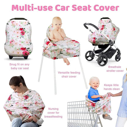 Rquite All-in-1 Car Seat Cover Baby, Carseat Covers for Girl Boy, Stretchy Soft Infant Car Seat Cover, Multi-use Baby Carrier Cover, Car Seat Canopy, Stroller Sun Shade, Nursing Breastfeeding Cover