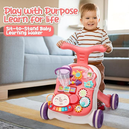 CUTE STONE Baby Walker for Boys Girls, 2 in 1 Sit-to-Stand Learning Walker and Activity Center, Baby Walking Toy, Early Learning Push Toy Gift for Infant
