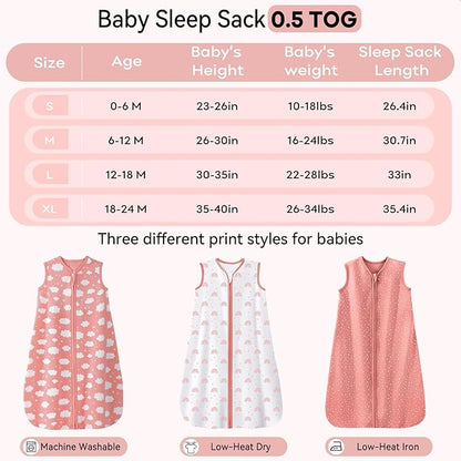 Baby Sleep Sack 6-12 Months 3 Pack 100% Cotton Lightweight 0.5 TOG Wearable Blanket Baby Sleep Bag with 2-Way Zipper for Newborn Infant Toddler Pink