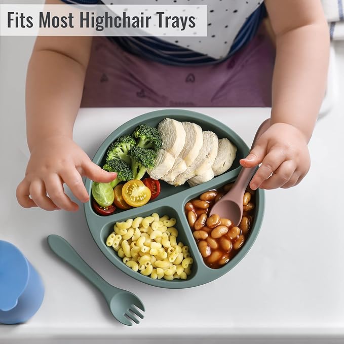 3 Pack Suction Plates with Lids and Utensils for Babies & Toddlers, 100% Food-Grade Silicone, Divided Design, Microwave & Dishwasher Safe