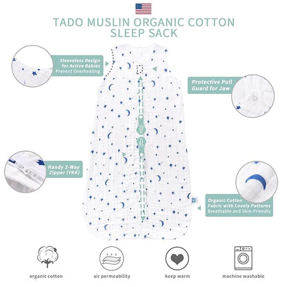 Toddler Sleep Sack for 2-4T Baby, Organic Cotton Wearable Blanket for Boys and Girls 0.5 TOG 2-Way Zipper Soft 4 Layers X-Large Star Moon