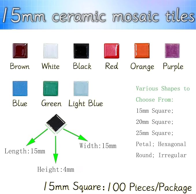 100 Pieces Ceramic Mosaic Tiles 3/5" Square Shapes Mosaic Ceramic Pieces Stained Ceramic Tiles Supplies for Crafts Beginner Mosaic Project Stepping Stones Mosaic Birdhouse Decor - Blue