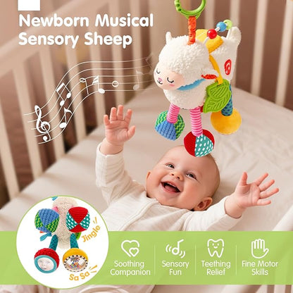 hahaland Baby Toys 0-6 Months - Baby Sensory Toys 0-3-6 Months Car Seat Toy Hanging - Musical Animals with Pull String Rattle Teether Crinkle Mirror, Crib Stroller Toy Tummy Time Babies Girl Boy Gifts