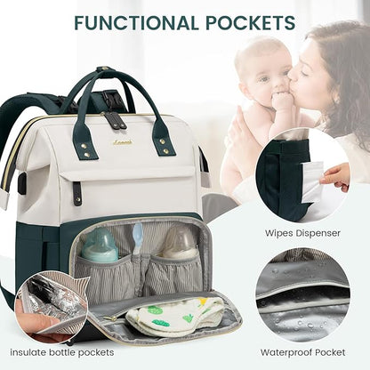 LOVEVOOK Diaper Bag Backpack, Baby Bag with Changing Station, Large Diaper Backpack for Moms Dads, Waterproof Leather Accents Baby Boy and Girl Bag for Travel Baby Essentials, Dark Green-Beige