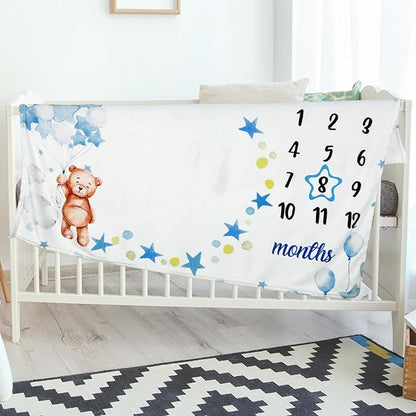 Sleeping Bear Monthly Baby Milestone Blanket Bear Star Balloon Flannel Blanket Boy Newborn Infant Swaddle Growth Baby Frame for Boys Girls Nursery (Blue)