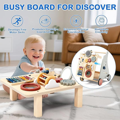 Baby Push Walker with Detachable Busy Board, Wooden Baby Walker with Adjustable Speed Wheels, Montessori Push Walker for Babies, Push Walking Toys for Boys & Girls 1 Year Old, Gifts for Toddler