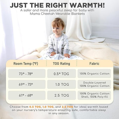 Mama Cheetah Baby Sleep Sack with Sleeves, 0.5 TOG Organic Cotton Wearable Blanket and Two-Way Zipper, Swaddle Transition Long Sleeve Sleeping Bag for Newborn Infant Toddler, 0-6 Months