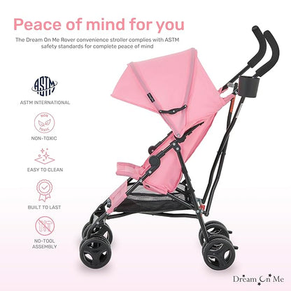 Dream On Me Rover Convenience Baby Stroller in Pink, Lightweight & Compact Umbrella Stroller, Easy one-Hand fold Travel Stroller, Lockable Rear Wheels, Removable & Adjustable Canopy