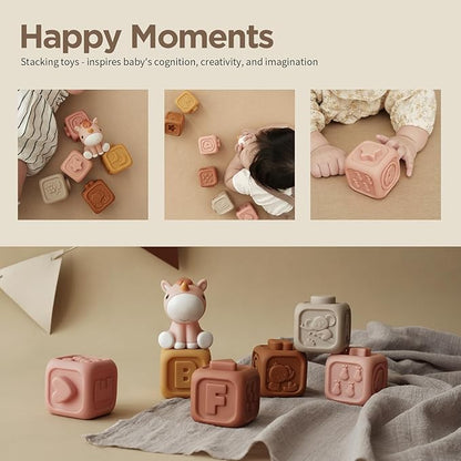 Nueplay 7 Pcs Soft Building Blocks, Sensory Stacking Squeeze Toys with Horse Figure, Newborn Essentials for 6 12 18 Months Baby Toddler Girls