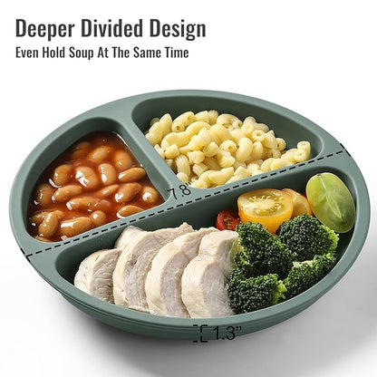 3 Pack Suction Plates with Lids and Utensils for Babies & Toddlers, 100% Food-Grade Silicone, Divided Design, Microwave & Dishwasher Safe