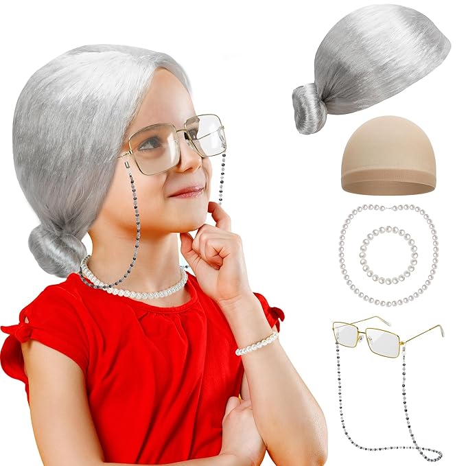 100 Days of School Costume, Old Lady Cosplay Silver Bun Wig Glasses Wig Cap Pearl Necklace Bracelet Accessories for Girls