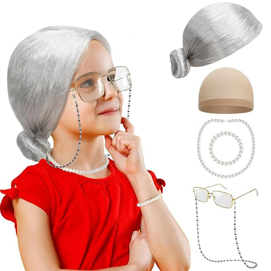 100 Days of School Costume, Old Lady Cosplay Silver Bun Wig Glasses Wig Cap Pearl Necklace Bracelet Accessories for Girls