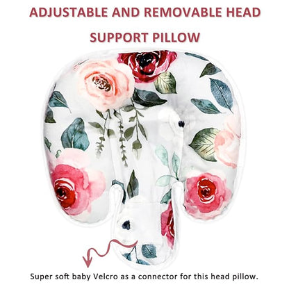 2 in 1 Infant Car Seat Insert, Car Seat Head Support Baby Girls Boys, Soft Newborn Carseat Insert Cushion, Perfect for Carseats, Strollers, Swings (Rose Flower)
