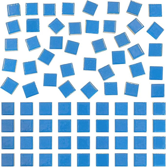 100 Pieces Ceramic Mosaic Tiles 3/5" Square Shapes Mosaic Ceramic Pieces Stained Ceramic Tiles Supplies for Crafts Beginner Mosaic Project Stepping Stones Mosaic Birdhouse Decor - Blue