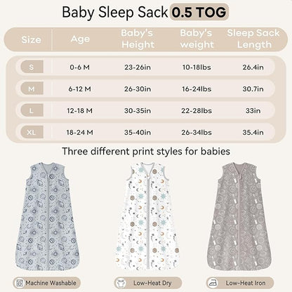 Baby Sleep Sack 0-6 Months 3 Pack 100% Cotton Lightweight 0.5 TOG Wearable Blanket Baby Sleep Bag with 2-Way Zipper for Newborn Infant White Gray Blue Space