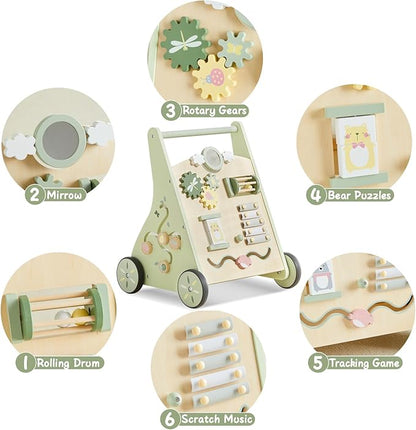 Beright Wooden Baby Walker Push and Pull Learning Activity Walker Kids’ Activity Toy Multiple Activities Center Develops Motor Skills & Stimulates Creativity(Green)