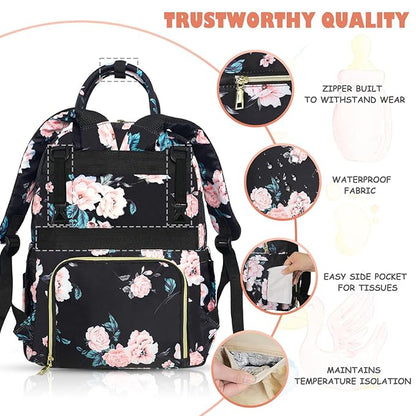 Baby Diaper Bag Backpack, Travel Diaper Bags for Girl Boy Large Capacity Baby Bag Backpack for Women Black Floral