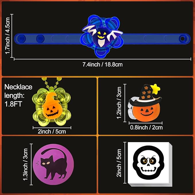 100 PCS Halloween Party Favors for Kids, Halloween Glow in the Dark Toys Decorations Rotating Spin Light Up Necklaces Rings Bracelets Balls, Halloween Trick or Treats Goodie Bag Fillers Party Supplies