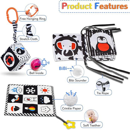 SAMMAS 3 Pcs Black and White High Contrast Baby Toys, 0-6 Months, Sensory Soft Book, Montessori Toys for Babies