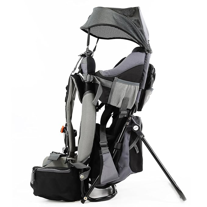 ClevrPlus Canyonero Camping Baby Backpack Hiking Kid Toddler Child Carrier with Stand and Sun Shade Visor, Black