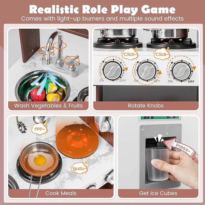 KOTEK Play Kitchen Set for Kids, Wooden Toddler Kitchen Playset with Water Dispenser w/Lights Sounds, Stove, Oven, Fridge, Microwave & Sink, Gift Chef Pretend Play Toy for Girls Boys (Walnut+White)