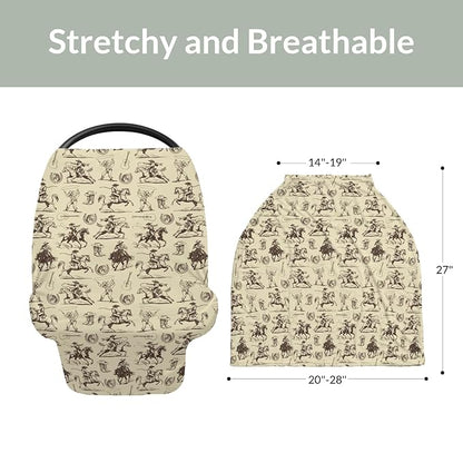 Vintage Cowboy Car Seat Cover for Baby Western Horses Boots Hats Guitar Stretchy 5-in-1 Covers Adjustable Car Canopy Breastfeeding Cover Country Western Breathable Nursing Cover-Up