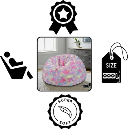, New Tie Dye Rainbow Design Furry Bean Bag Chair. Premium And Luxurious Fur Bean Bag Without Bean Only Cover Jumbo, Multi
