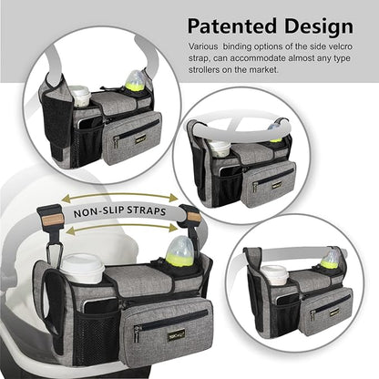 TOPDesign Universal Baby Stroller Organizer, Stroller Caddy with Heightened Insulated Cup Holders & Non-Slip Secure Hooks Accessories, Fits Most Strollers, Machine Washable (Baroque Gold)