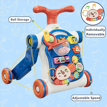 QDRAGON 5 in 1 Push Walkers for Baby Boys, Toddler Learning to Walk, Sit to Stand Walker, Early Learning Push Toy for Infant 12+ Months, Navy Blue