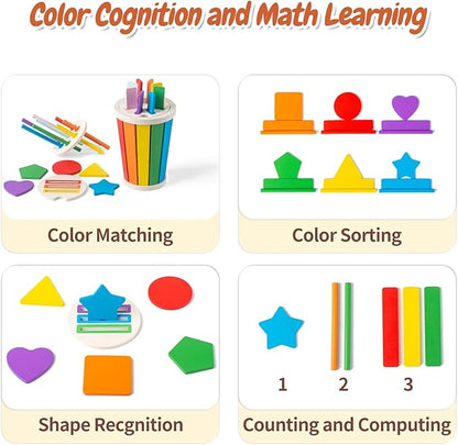 Montessori Toys for 1 2 3 Year Old, 3 in1 Wooden Learning Color Sorting Toys for Toddlers 12-36 Month Old, Wooden Educational Toy, Fine Motor Developmental Sensory Matching Games