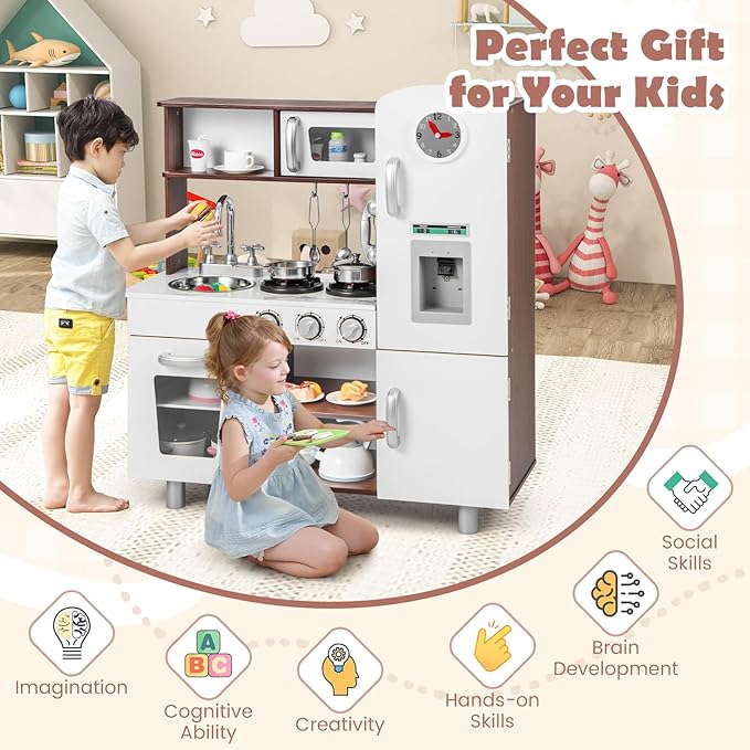 KOTEK Play Kitchen Set for Kids, Wooden Toddler Kitchen Playset with Water Dispenser w/Lights Sounds, Stove, Oven, Fridge, Microwave & Sink, Gift Chef Pretend Play Toy for Girls Boys (Walnut+White)