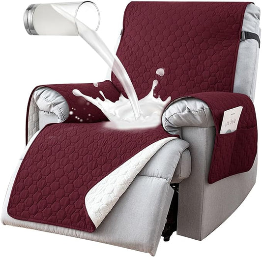 100% Waterproof Nonslip Recliner Covers for Large Recliner, Reclining Chair Covers with 5 Pockets, Elastic Straps, Washable Recliner Protector for Kids, Pets, Dogs, Red