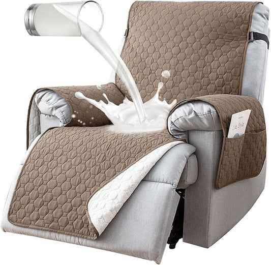100% Waterproof Recliner Chair Covers That Stay in Place, Non-Slip Recliner Armchair Cover with 5 Pockets, Elastic Straps, Washable Reclining Chair Protector for Kids, Pets, Dogs (Khaki, 30inch)