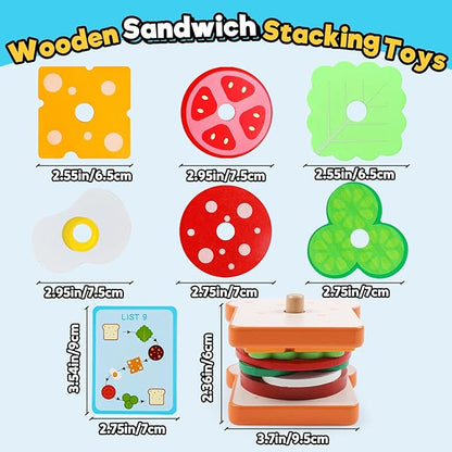 kizh Wooden Sandwich Sorting Stacking Toys Play Food Set for Toddlers Preschool Educational Montessori Toys Fine Motor Toys for Kids Boys Girls