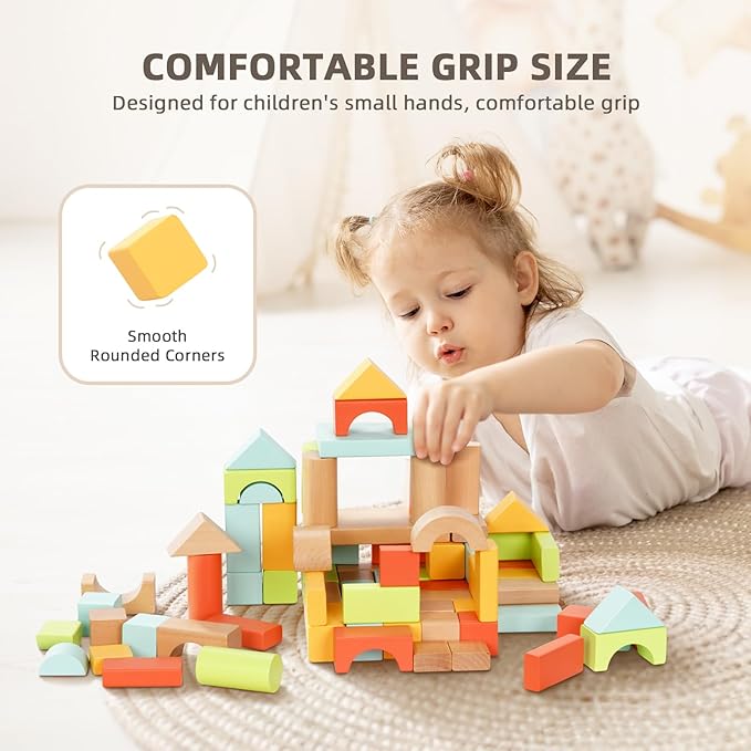 100pcs Building Blocks for Toddlers 1-3, Wooden Blocks for Kids with Storage Bucket and Shape Sorter Lid, Montessori Toys for 1 2 3 Year Old, Learning Toys for Preschool Girls and Boys