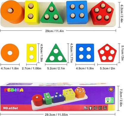 PEBIRA Montessori Toys for 1 to 3-Year-Old Boys Girls Toddlers, Wooden Sorting & Stacking Toys for Toddlers and Kids Preschool, Educational Toys, Color Recognition Shape Sorter, Learning Puzzles Gift