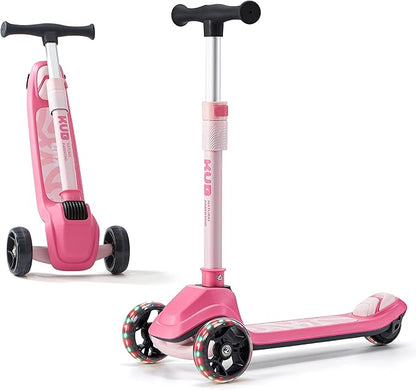 KUB Toddler Scooter for Kids Ages 2+, 3 Wheel Kick Scooter with LED Light-Up Wheels, Adjustable Height Handlebar, Lean-to-Steer, Anti-Slip Deck, Easy-Fold Design, Gift for Boys and Girls