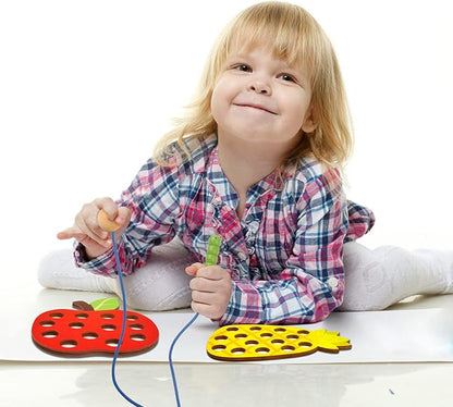 ECam 6 Pcs Lacing Toy for Toddlers, Wooden Threading Toys, Educational and Learning Montessori Activity for Baby and Kids, Fine Motor Skill Toys, Apple Pear Strawberry Watermelon Orange Pineapple