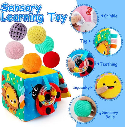 beetoy Sensory Busy Cube for Baby, Montessori Infant Toys with Textured Sensory Balls, Early Learning Travel Toys for Fine Motor Skills, Perfect Newborn Boy and Girl Gift