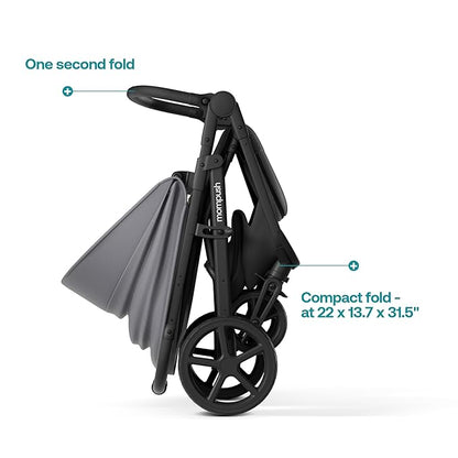Mompush Nova Baby Stroller for Toddler, Infant & Newborn | Spacious Seat & Lie-Flat Mode | Compact One-Hand Fold, UPF 50+ Canopy & All-Wheel Suspension | Includes Rain Cover & Cup Holder, Grey
