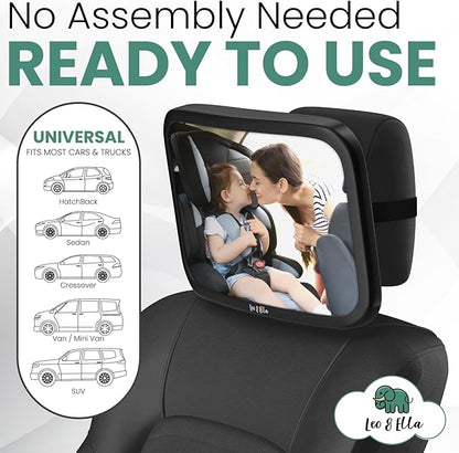 Leo and Ella - Baby Car Mirror - Extra Large & Ultra Clear Infant View, Crash Tested Shatterproof Design w/ 360° Adjustable Mount, Premium Car Mirror For Baby