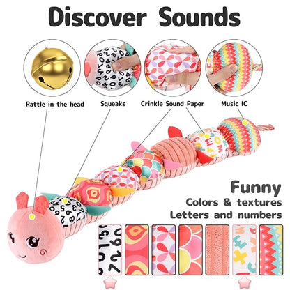 Infant Baby Musical Stuffed Animal Activity Soft Toys with Multi-Sensory Crinkle, Rattle and Textures for 0-3-6-12 Months Developmental Toys, Caterpillar, Pink