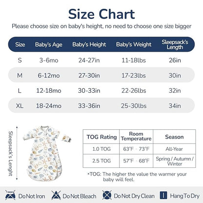 Baby Sleep Sack 12-18 Months, Cotton Detachable Long Sleeve Sleep Sack, 2.5 Tog Toddler Sleeping Sack with Temperature Strips, 2-Way Zipper Wearable Blankets for Newborns, Ocean