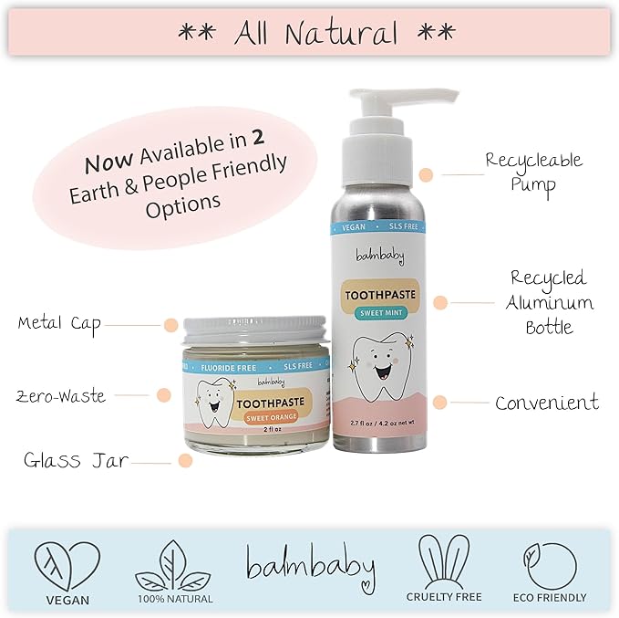 Kids All Natural Fluoride Free Toothpaste by Balm Baby Brand – SLS Free Toothpaste with Xylitol, Vegan, Gluten Free, BPA Free, Glass Jar Zero Waste Children’s Teeth Paste (2PK Mint)