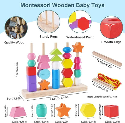 Toddler Montessori Toys Wooden Beads Sequencing Toy Set, Stacking Blocks, Matching Shapes, Lacing Beads, Shape Sorter Toys for 2 3 4 5 Year Old Boys Girls, STEM Preschool Learning Toys Gifts for Kids