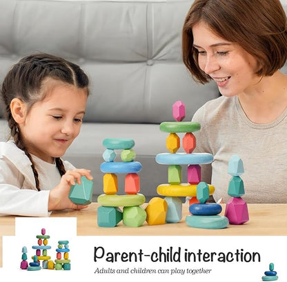OESSUF Stacking Rocks 26Pcs Stacking Blocks Balancing Stones Wooden Building Toys Wood Stone Stacking Game for Toddler Sorting Preschool Educational Montessori Stacking Rocks for Kids